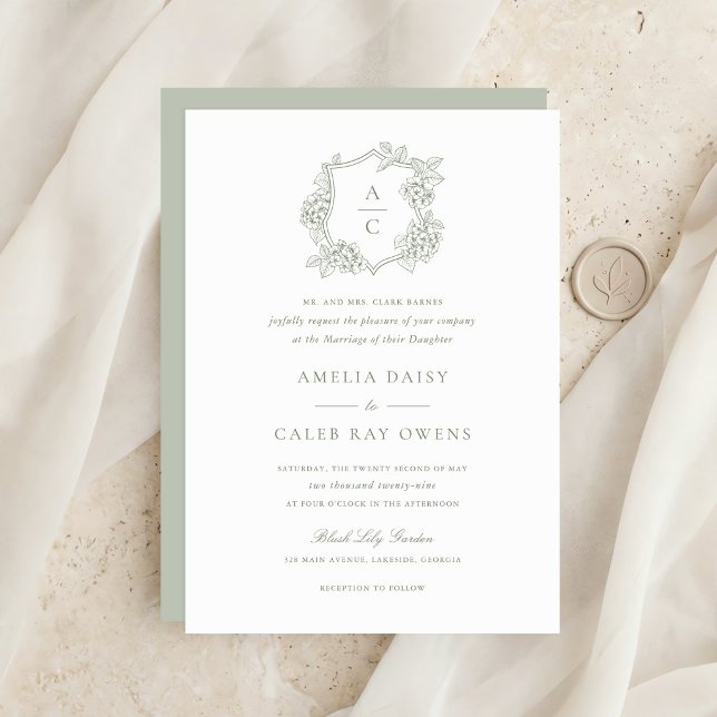 Floral Elegant Green Hydrangea Crest Wedding Invitation (Creator Uploaded)