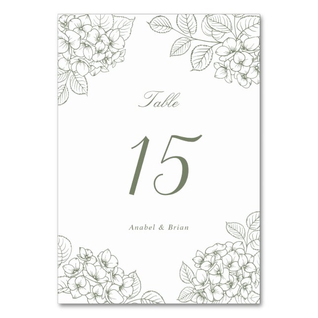 Floral Elegant Green Hydrangea Wedding Table Number (Front)