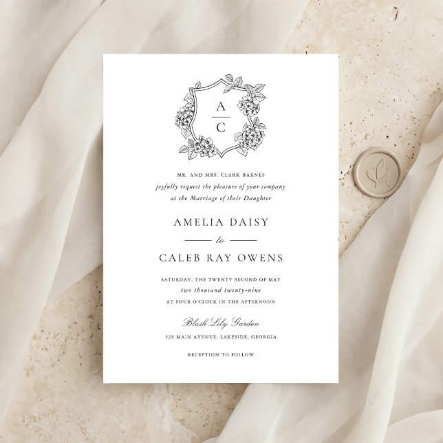 Floral Elegant Hydrangea Crest Monogram Wedding Invitation (Creator Uploaded)