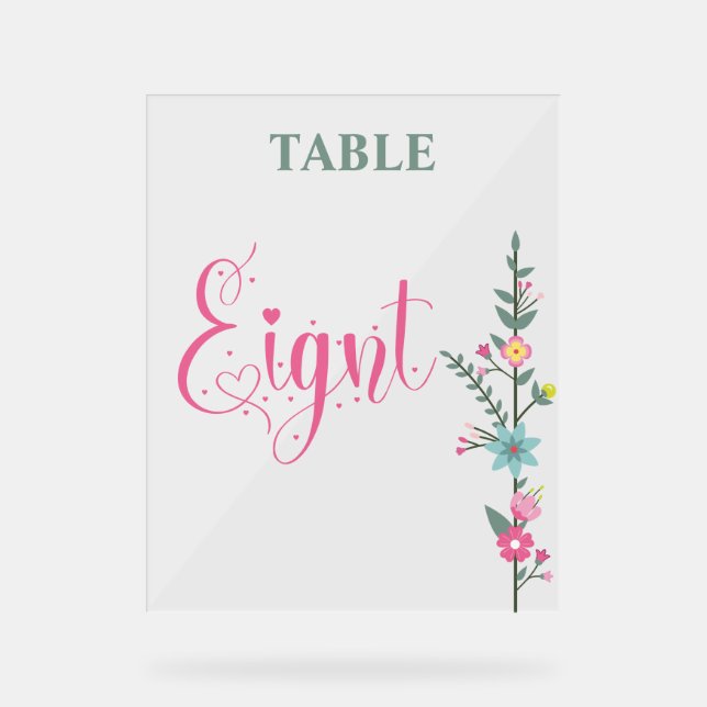 Floral Elegant Love Wedding Table Number Eight Acrylic Sign (Front)