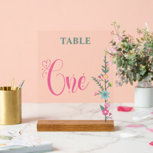 Floral Elegant Love Wedding Table Number ONE Acrylic Sign