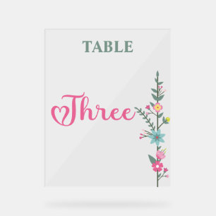 Floral Elegant Love Wedding Table Number THREE Acrylic Sign