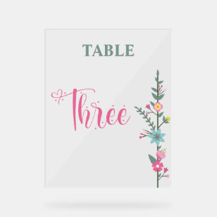 Floral Elegant Love Wedding Table Number THREE Acrylic Sign