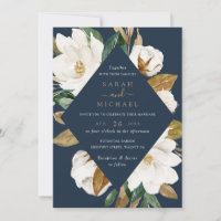 Floral Elegant Magnolia Beige Navy Wedding