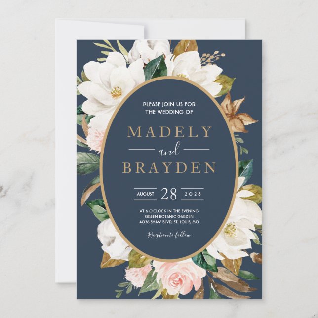 Floral Elegant Magnolia Blush Navy Neutral Invitation (Front)