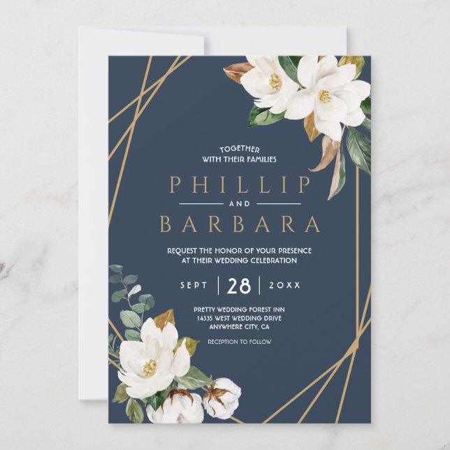 Floral Elegant Magnolia Blush Navy Neutral Invitation (Front)