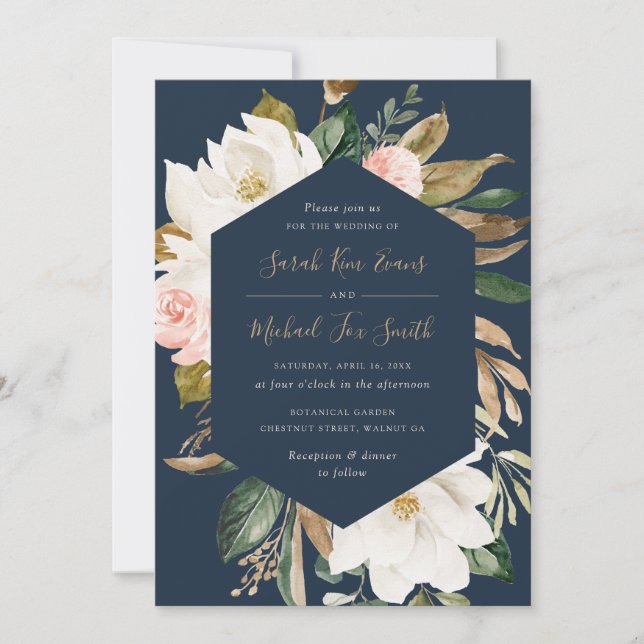 Floral Elegant Magnolia Blush Navy Neutral Wedding Invitation (Front)