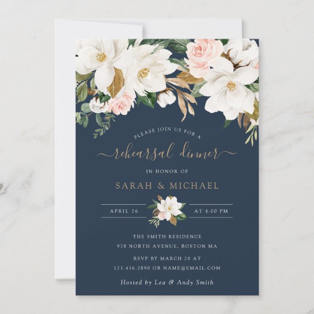 Floral Elegant Magnolia Blush Navy Rehearsal Invitation (Front)
