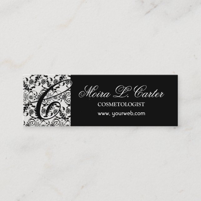 Floral Elegant Monogram Damask Black  Lace Mini Business Card (Front)