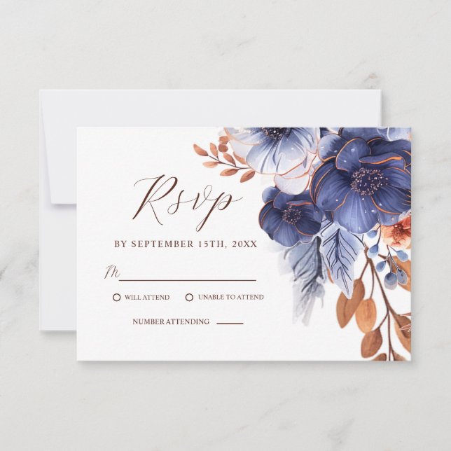 Floral Elegant Navy Blue Terracotta Boho Wedding RSVP Card (Front)