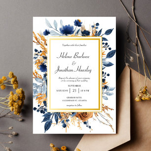 Floral Elegant Navy Blue Terracotta Wedding Invitation