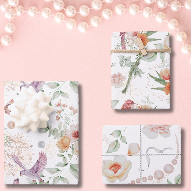 Floral Elegant Pattern Pretty Flowers Leaves Birds Wrapping Paper Sheet (Floral Elegant Pattern with Pretty Flowers, Leaves, and Birds Wrapping Paper Sheets)