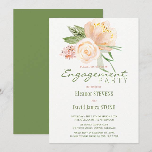 Floral elegant peach gold engagement party invite (Front/Back)