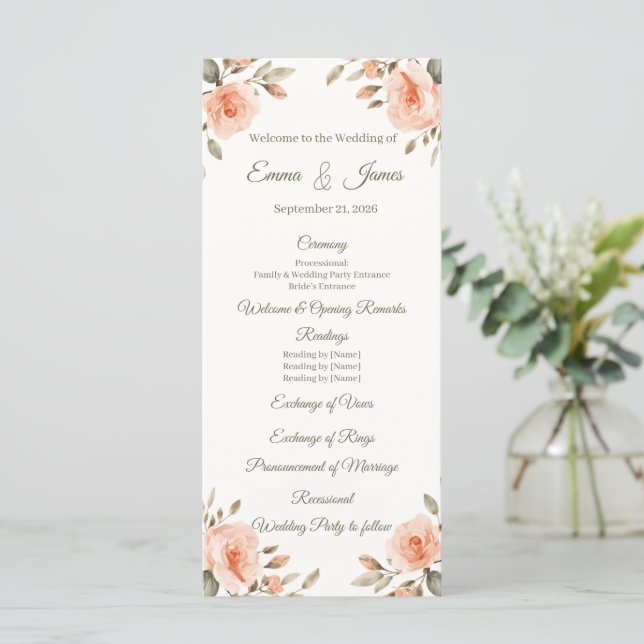 Floral Elegant Personalised Wedding Program Temp. (Standing Front)