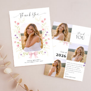Floral Elegant Photo Collage Pink Bow Graduation Thank You Card