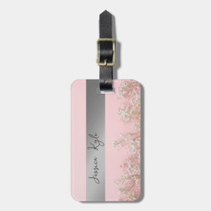 Floral Elegant Pink & Gold Metal Typography Name Luggage Tag