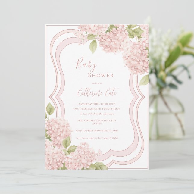 Floral Elegant Pink Hydrangea Baby Shower Invitation (Standing Front)