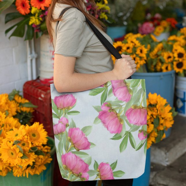 Floral Elegant Pink Peonies Simple Garden Flowers Tote Bag (Creator Uploaded)