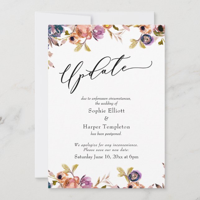 Floral Elegant Postponed Wedding Update Card (Front)