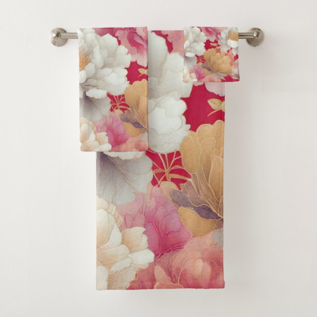 Floral elegant red bath towel set (Insitu)