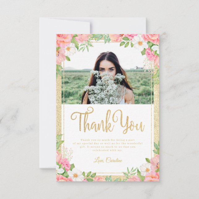Floral Elegant Rose Tulip Pink Photo Thank You Card (Front)