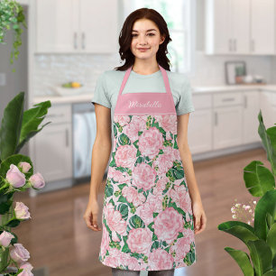 Floral Elegant Roses and Monstera Monogrammed Pink Apron