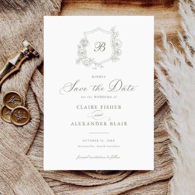 Floral Elegant Roses Crest Monogram Save the Date Invitation (Creator Uploaded)