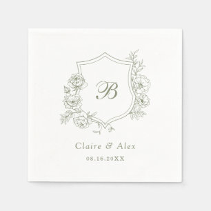 Floral Elegant Roses Crest Sage Green Monogram Napkin