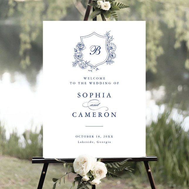 Floral Elegant Roses Monogram Crest Welcome Sign (Creator Uploaded)