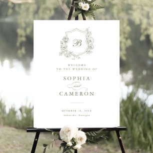 Floral Elegant Roses Monogram Crest Welcome Sign