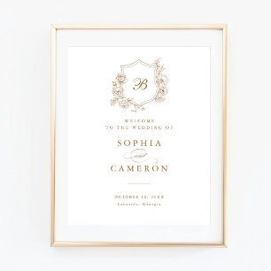 Floral Elegant Roses Monogram Crest Welcome Sign