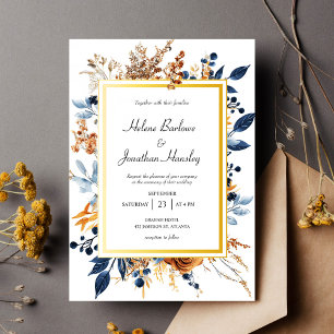 Floral Elegant Rustic Navy Blue Terracotta Wedding Invitation
