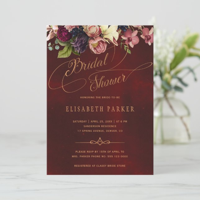 Floral elegant script burgundy bridal shower invitation (Standing Front)