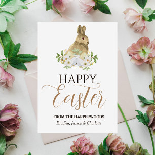 Floral Elegant Script Easter Family Easter Bunny Holiday Card