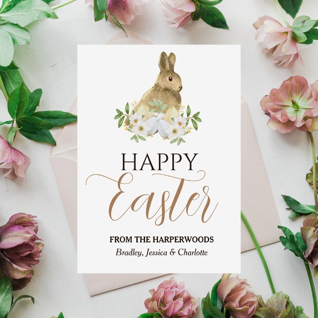 Floral Elegant Script Easter Family Easter Bunny Holiday Card (Creator Uploaded)