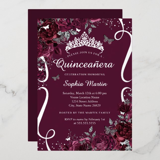 Floral Elegant Scroll Burgundy Quinceanera (Front/Back)
