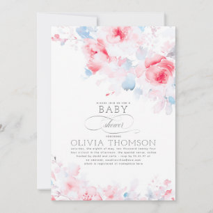 Floral Elegant Soft Dusty Blue Pink Baby Shower Invitation