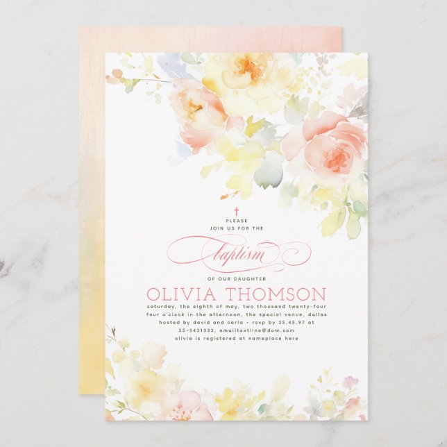 Floral Elegant Soft Girl's Baptism Invitation (Front/Back)