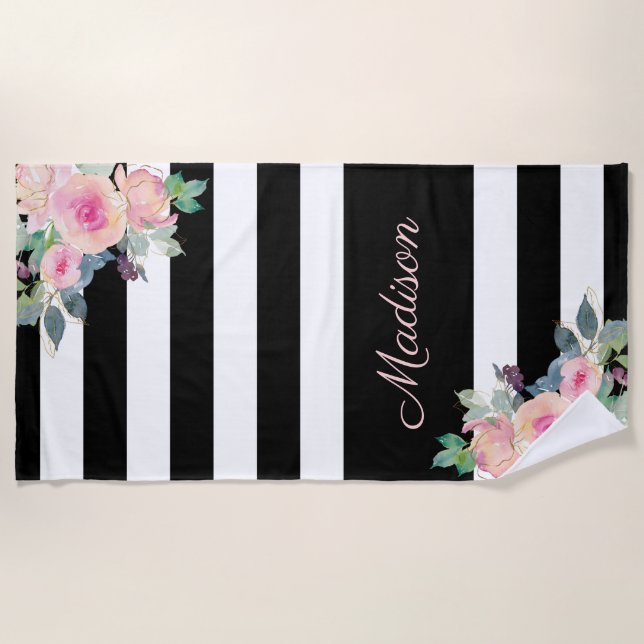 Floral Elegant Stripes Name Pink Black White Beach Towel (Front)