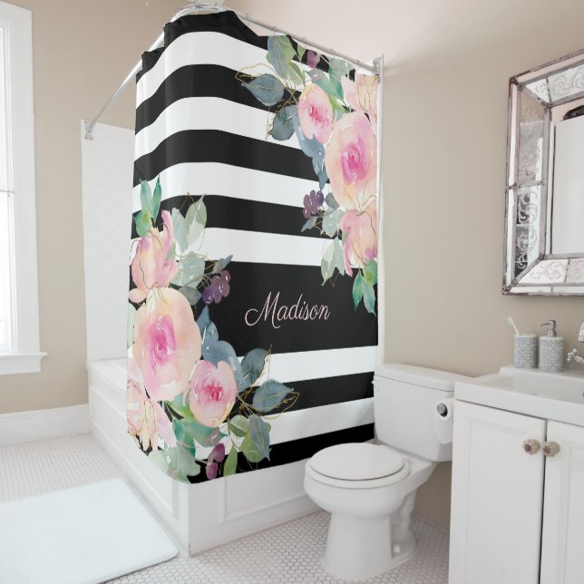 Floral Elegant Stripes Name Pink Black White Shower Curtain (In Situ)