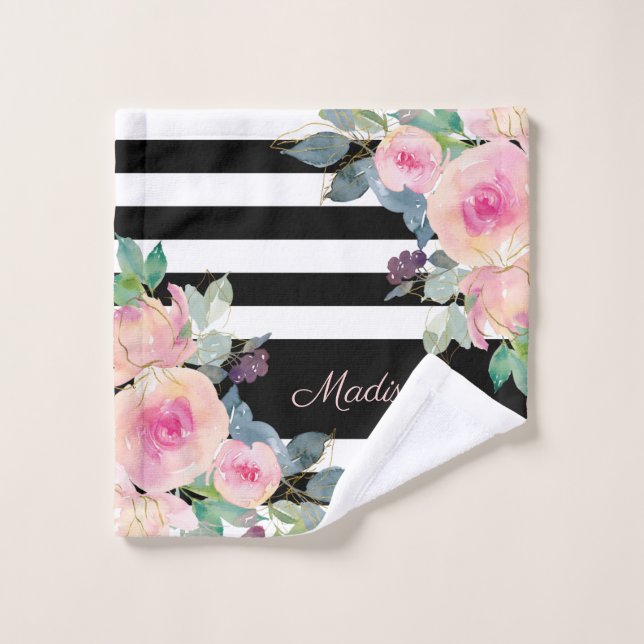 Floral Elegant Stripes Pink Black White Custom Wash Cloth (Wash Cloth)