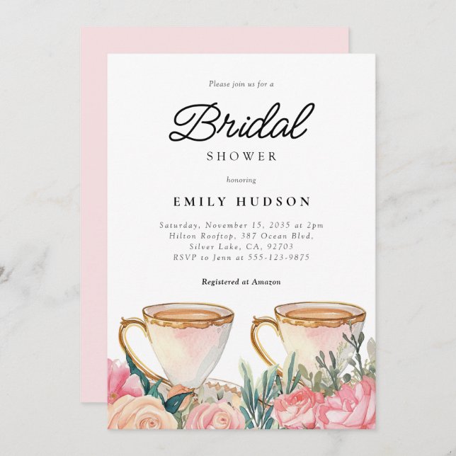 Floral Elegant Tea Party Bridal Shower Invitation (Front/Back)