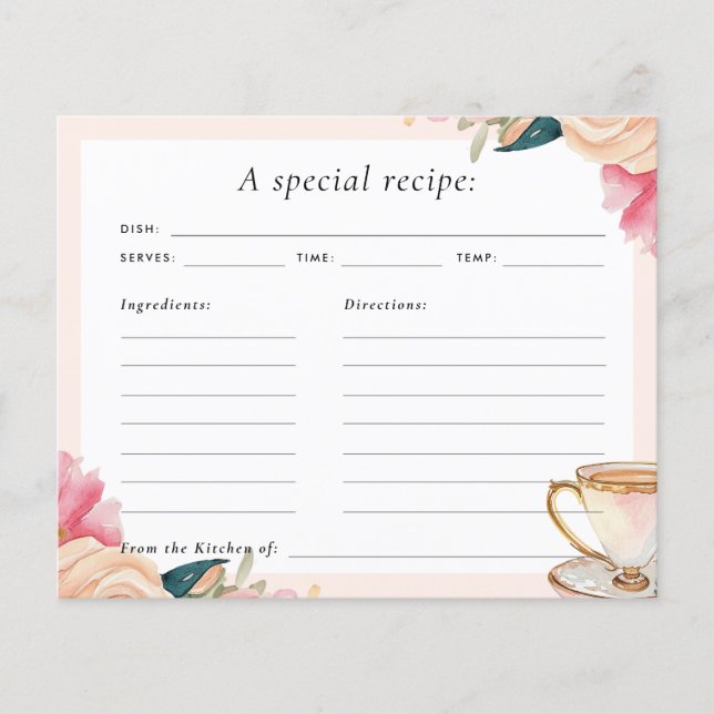 Floral Elegant Tea Party Bridal Shower Recipe Card (Front)