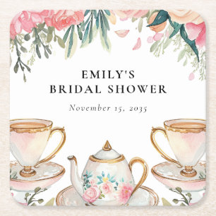 Floral Elegant Tea Party Bridal Shower Square Paper Coaster