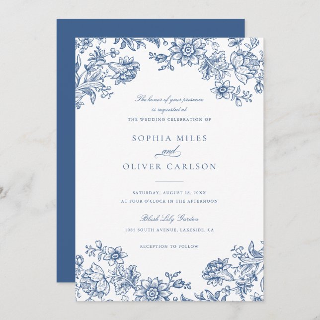 Floral Elegant Vintage Blue Wedding Invitation (Front/Back)