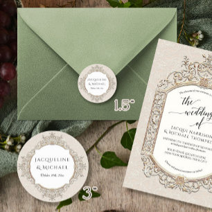 Floral Elegant Vintage Ivory Ecru n Gold Wedding Classic Round Sticker