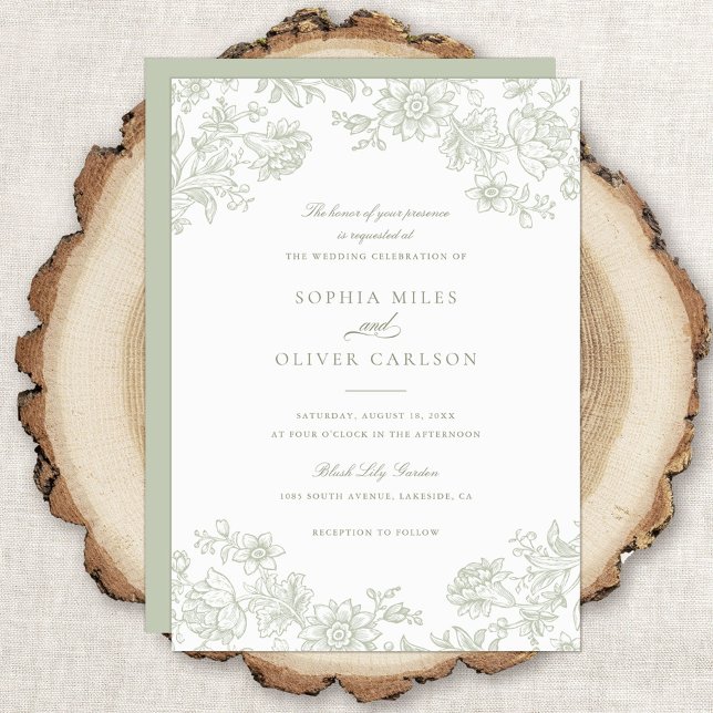 Floral Elegant Vintage Sage Green Wedding Invitation (Creator Uploaded)