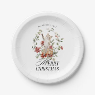 Floral Elegant Watercolor Cat Merry Christmas  Paper Plate