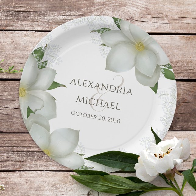 Floral Elegant Watercolor Magnolia Flower Blooms Paper Plate (Creator Uploaded)