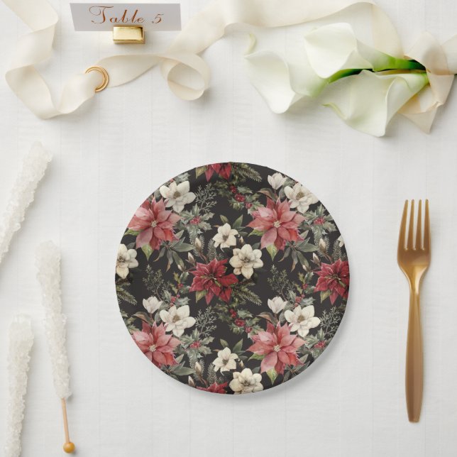 Floral Elegant Watercolor Merry Christmas Paper Plate (Wedding)